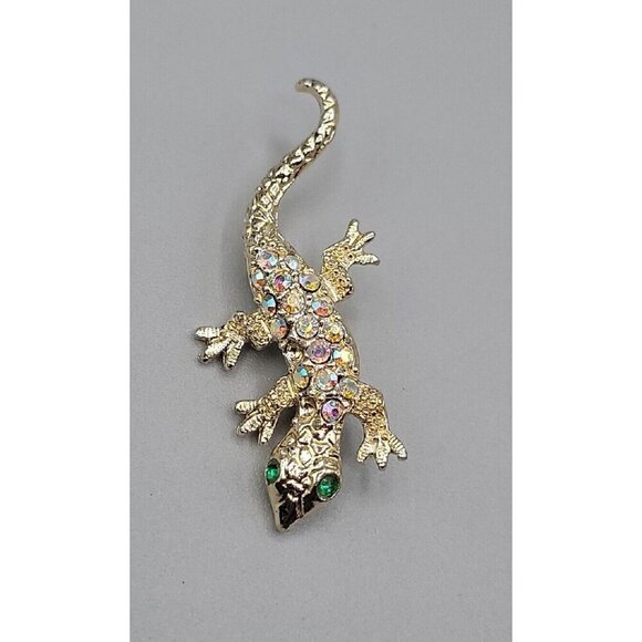 Vintage Gecko Lizard Brooch Pins Aurora Boreal Rhinestones Gold Tone Green Eyes - Picture 7 of 9